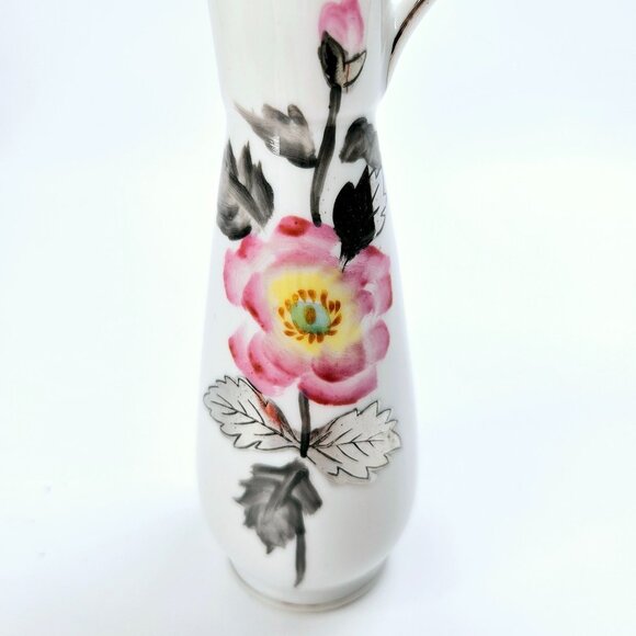 VTG Small Floral Porcelain Pitcher Bud Vase w/ Pink Rose & Silver Foil, Handle - Picture 3 of 6